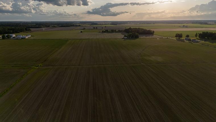 Aerial farmland near Abbotsford at sunset