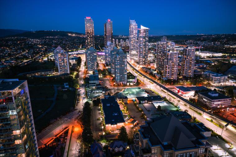 Burnaby's Metrotown highrise towers lit up at night