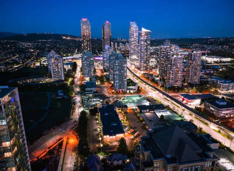 Burnaby's Metrotown highrise towers lit up at night