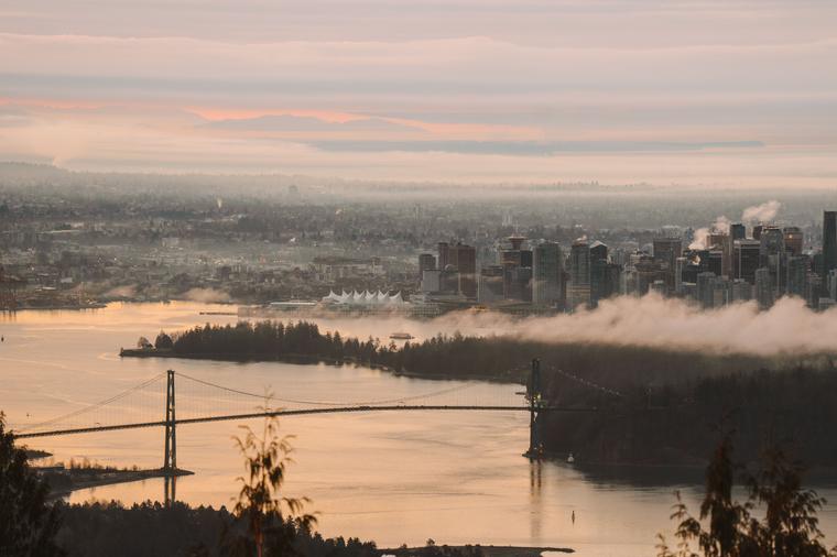 Lions Gate Bridge leading toward West Vancouver at dusk