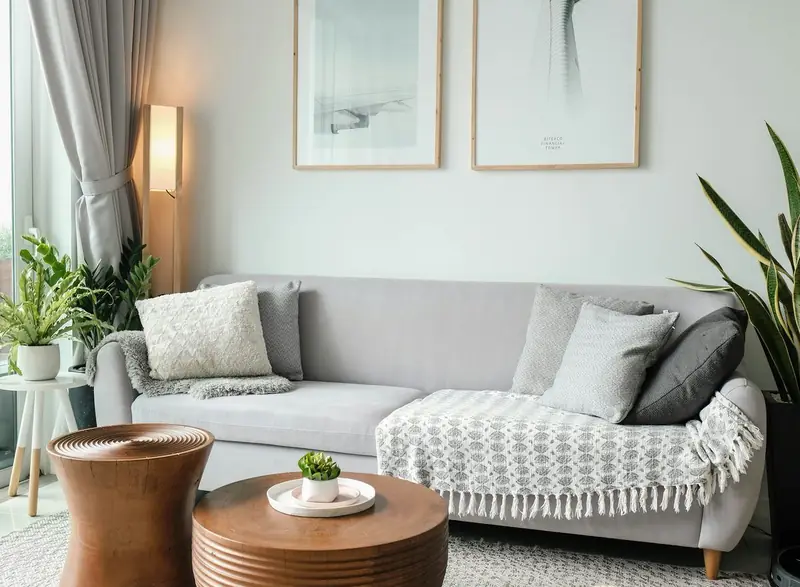 A bright, clean condo living room with a sofa and plants