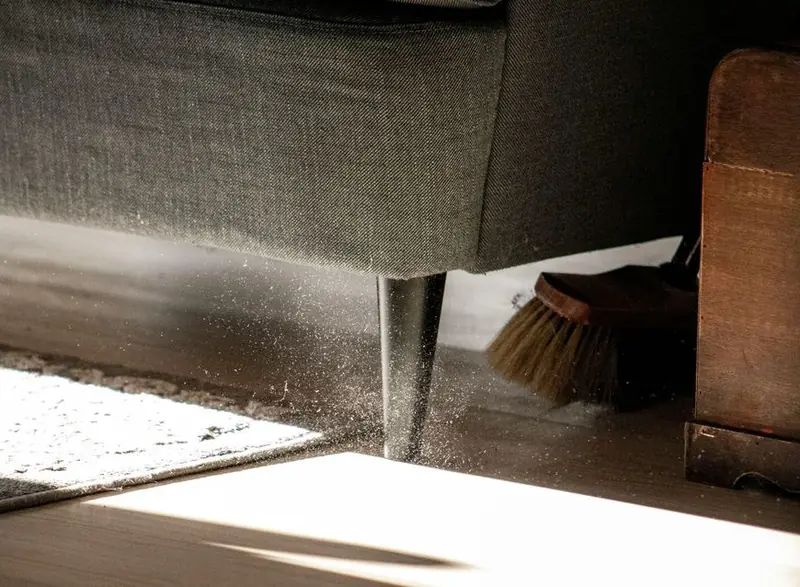 Vacuuming under a sofa where pet hair collects